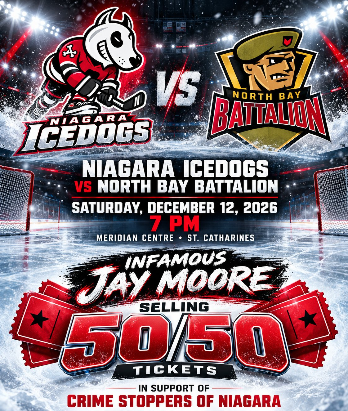 Infamous Jay Moore selling 50/50 tickets for Crime Stoppers of Niagara — Niagara IceDogs vs North Bay Battalion, Saturday December 12, Meridian Centre