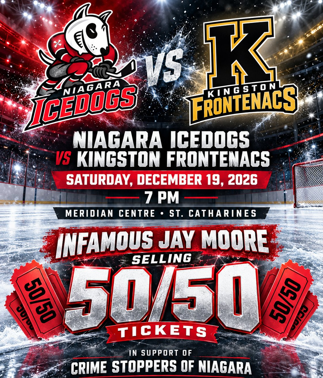 Infamous Jay Moore selling 50/50 tickets for Crime Stoppers of Niagara — Niagara IceDogs vs Kingston Frontenacs, Saturday December 19, Meridian Centre