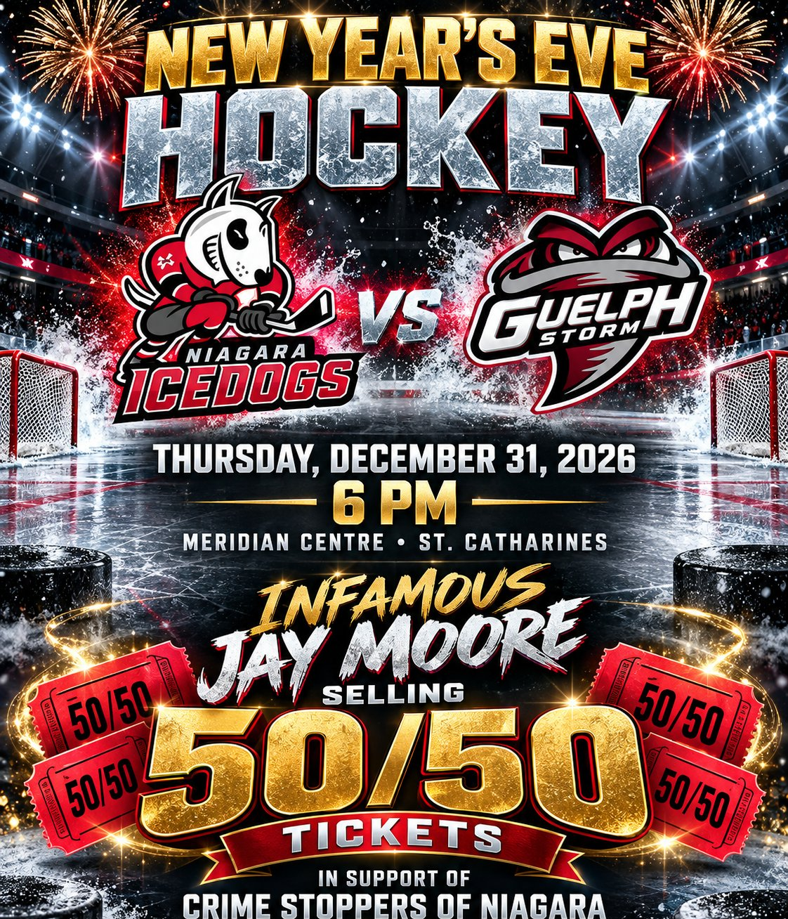 Infamous Jay Moore selling 50/50 tickets for Crime Stoppers of Niagara — Niagara IceDogs vs Guelph Storm, Thursday December 31, Meridian Centre