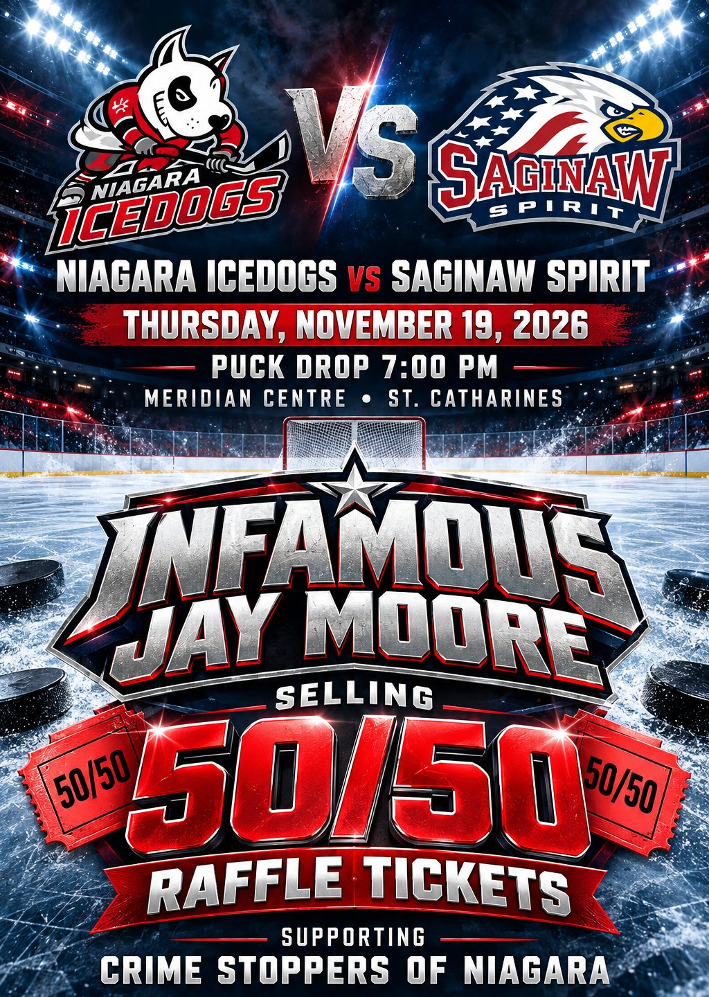 Infamous Jay Moore selling 50/50 tickets for Crime Stoppers of Niagara — Niagara IceDogs vs Saginaw Spirit, Thursday November 19, Meridian Centre