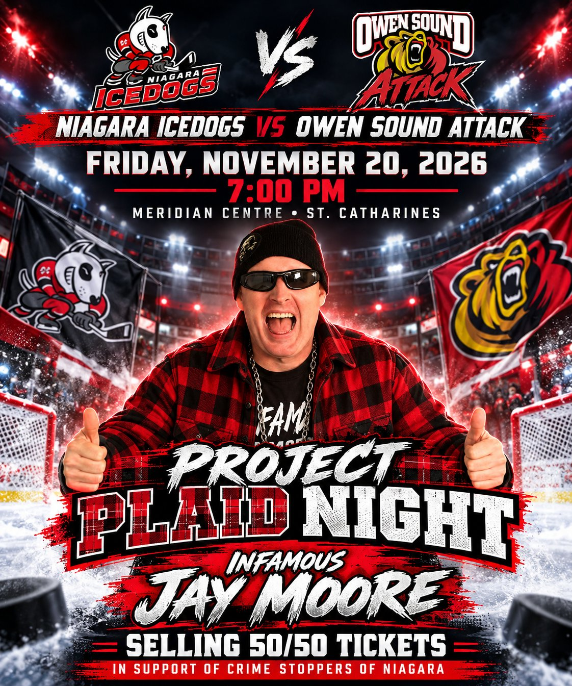 Infamous Jay Moore selling 50/50 tickets for Crime Stoppers of Niagara — Niagara IceDogs vs Owen Sound Attack, Project Plaid Night, Friday November 20, Meridian Centre