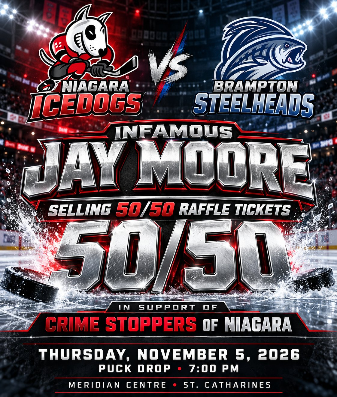 Infamous Jay Moore selling 50/50 tickets for Crime Stoppers of Niagara — Niagara IceDogs vs Brampton Steelheads, Thursday November 5, Meridian Centre